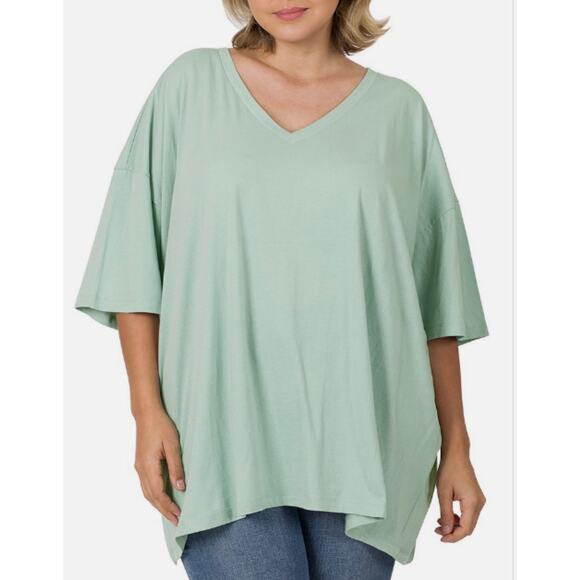 Zenana Tops - Zenana Cotton Oversized Drop Shoulder Boxy Boyfriend Tee in Lt Sage, size M, NWT
